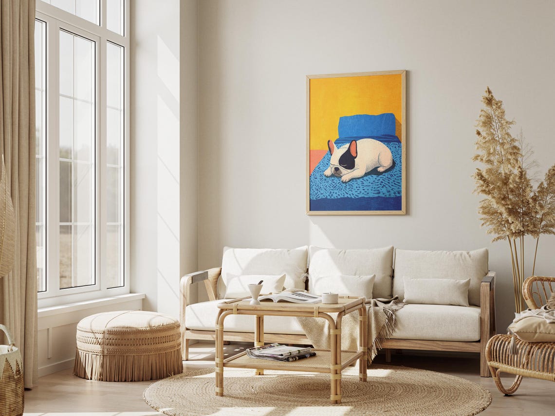 French Bulldog Sleeping Matisse Style Yellow Blue Modern Art Poster - Image 3