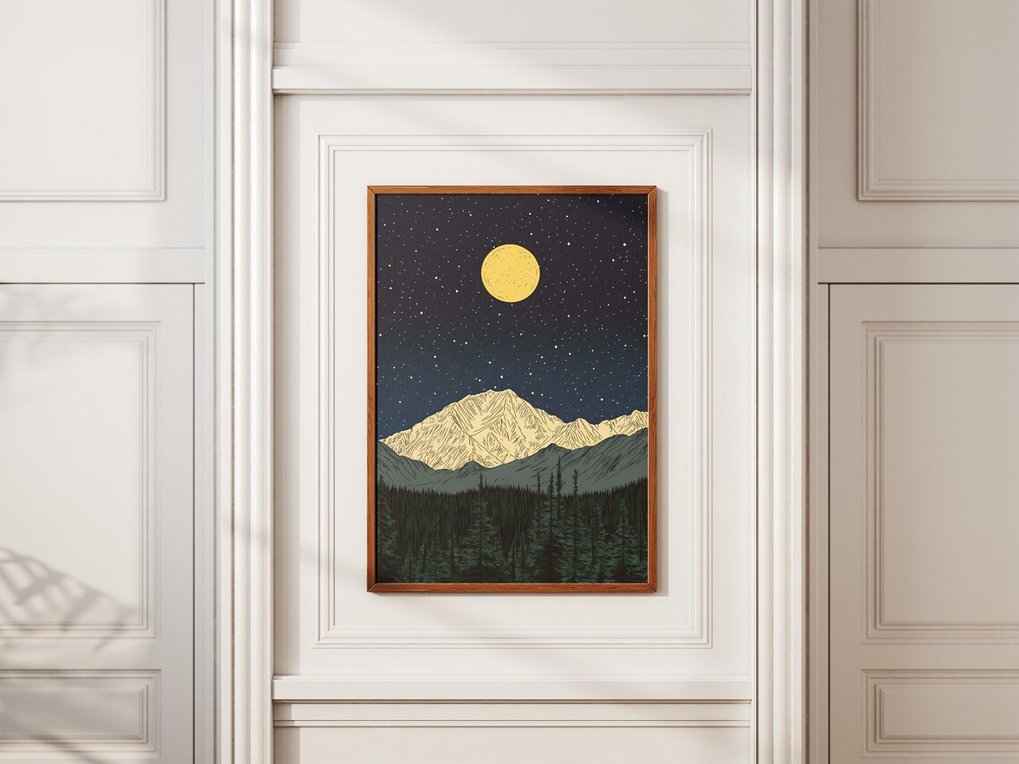 Denali National Park Alaska Moonlit Snowy Peaks Forest Starry Art Poster - Image 2