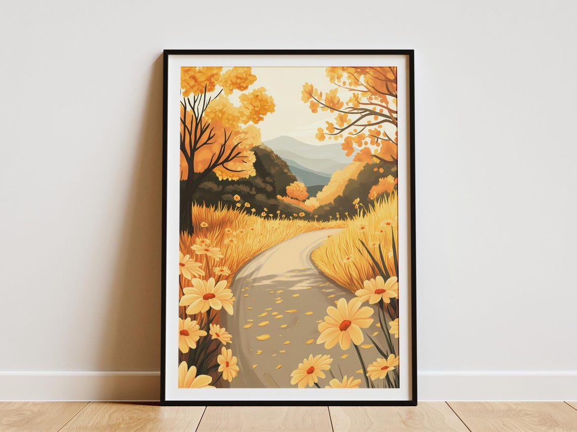 Country Lane Flower Poster Yellow Marigold Print Golden Flower Road Art Nature Wall Decor Botanical Illustration Calm Landscape Autumn Road