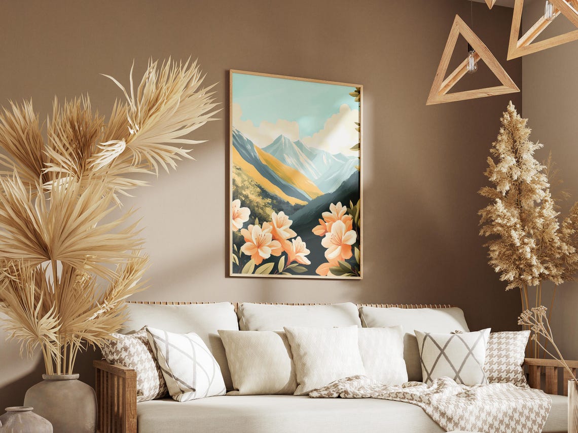 Peach Azalea Blossoms Blooming Before Snowy Mountain Peaks Poster - Image 3