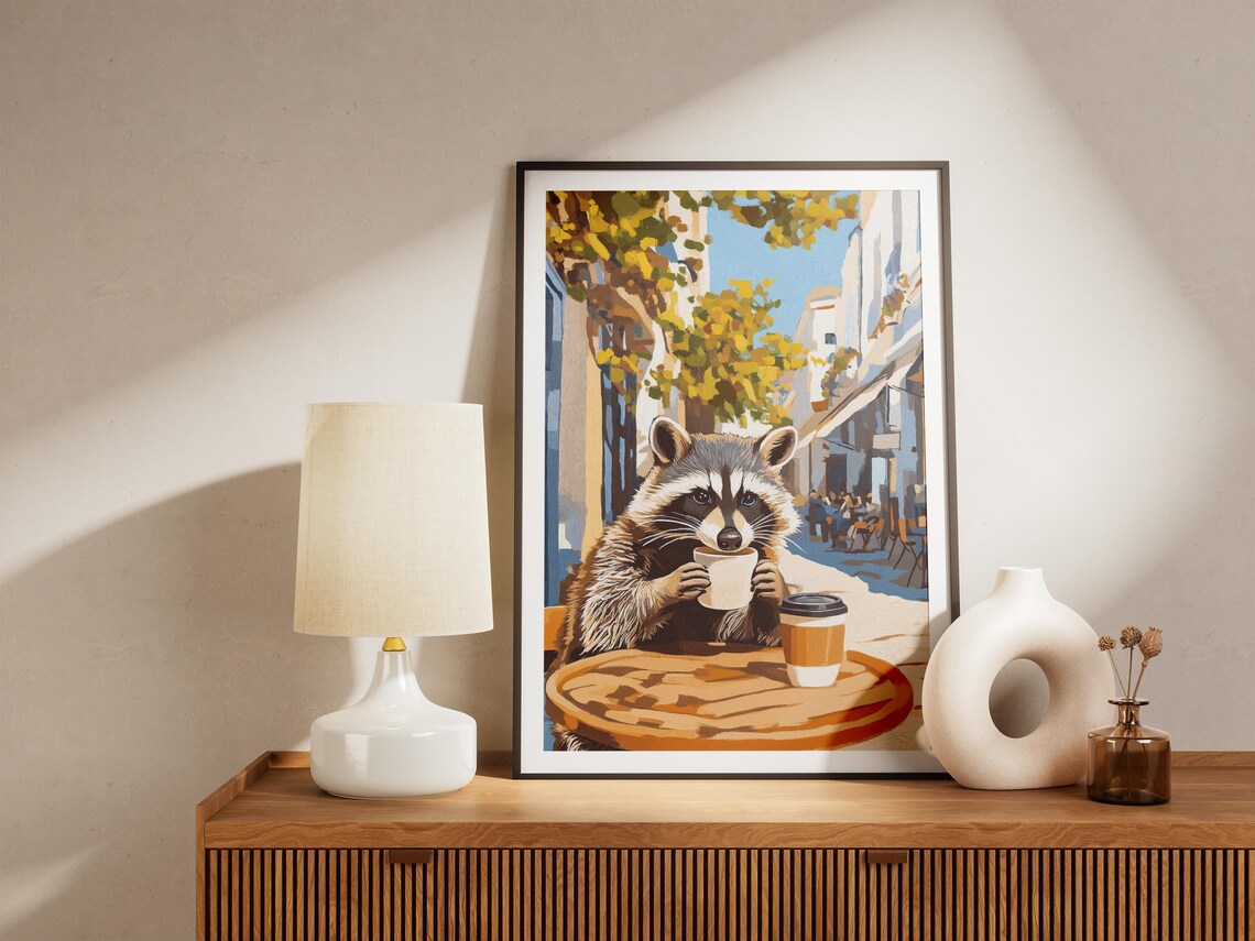 Raccoon Drinking Coffee at Outdoor Street Cafe Table Art Poster - Image 4