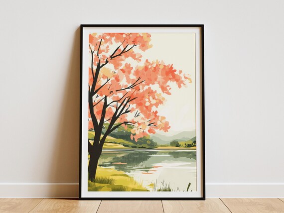 Lake Poster Blooming Tree Lake Poster Spring Lake Poster Modern Lake Art Nature Poster Landscape Print Calm Lake Serene Lake Misty Lake