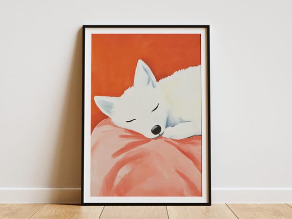 Matisse Style Arctic Fox Sleeping Art Print Modern Abstract Animal Wall Decor Cozy Nursery Illustration Poster Vibrant Orange Pink White