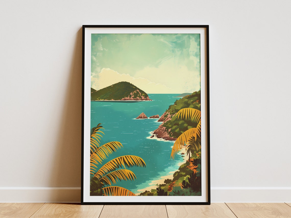 Tropical Island Coastline Palms Turquoise Bay Vintage Poster