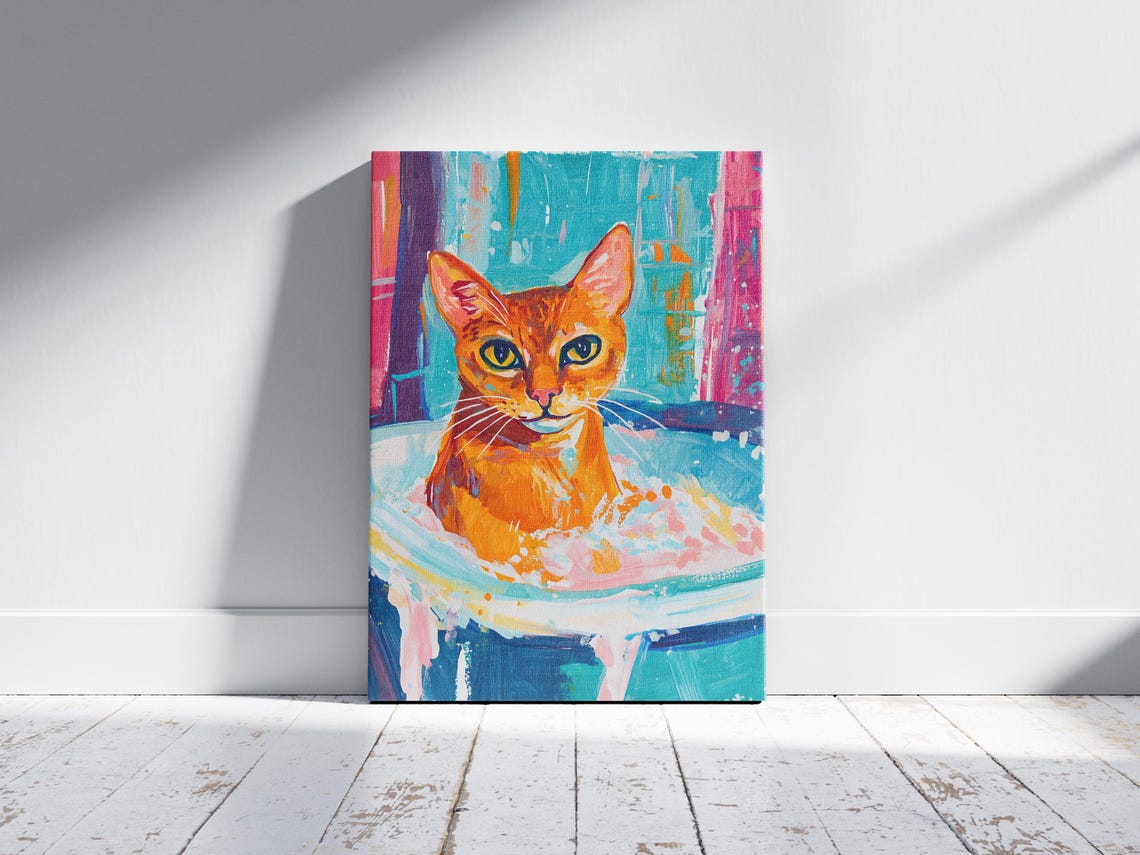 Orange Cat in a Colorful Bathtub Splash Modern Pet Art Poster - Image 2