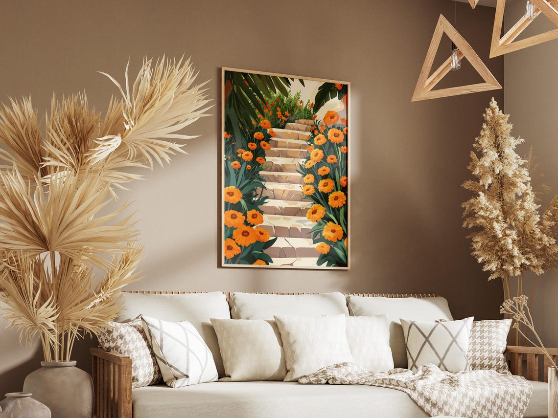 Orange Marigolds Crowding a Sunlit Stone Garden Staircase Poster - Image 3