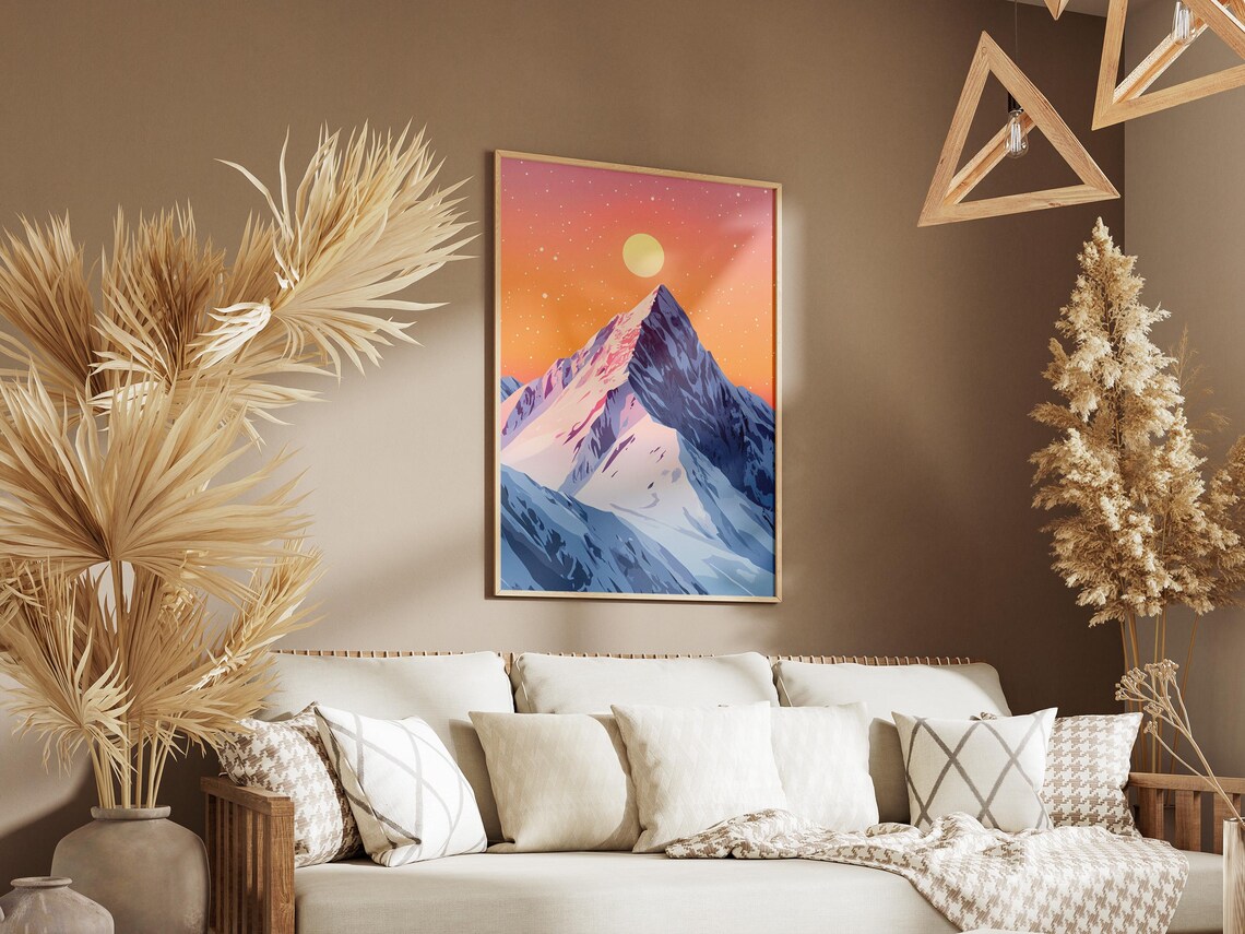 Pink Sunset Snowy Mountain Peak Colorful Landscape Art Poster - Image 3