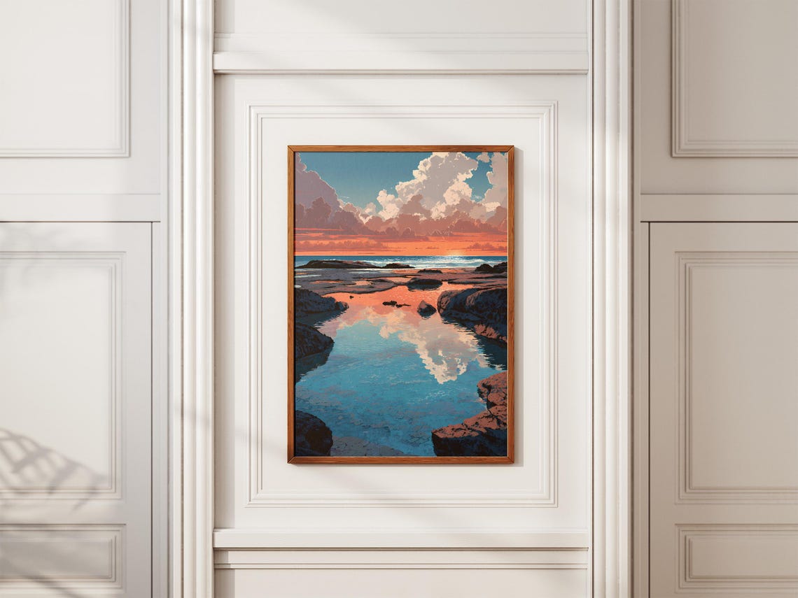 Sunset Over Rocky Tide Pool Ocean Reflections Coastal Scene Art Poster - Image 2