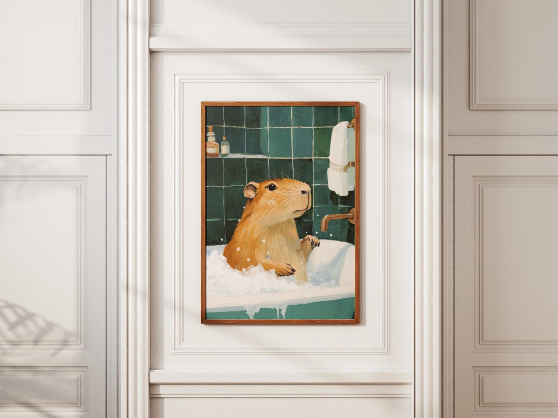 Capybara Bubble Bath Dark Green Bathroom Funny Animal Poster - Image 2