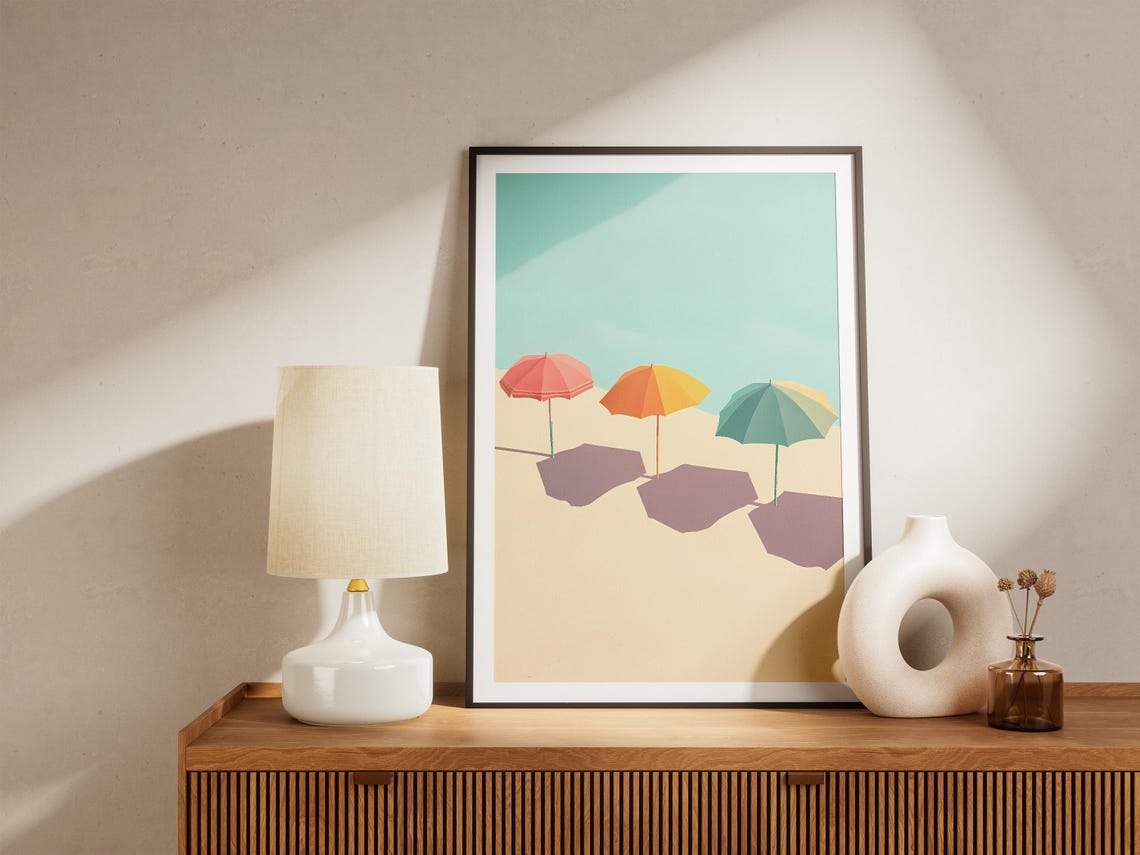 Three Colorful Beach Umbrellas Casting Shadows Mid Century Poster - Image 5