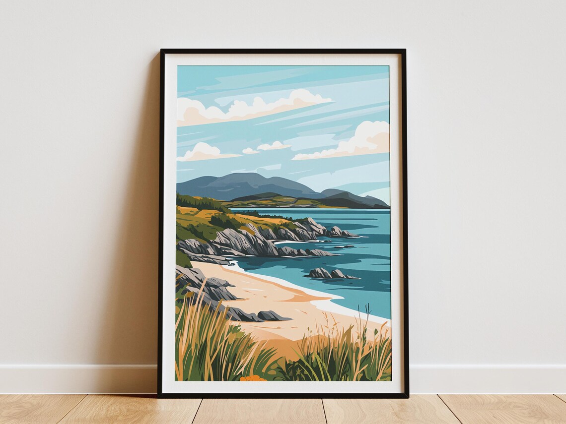 Ring Of Kerry Ireland Landscape Poster Coastal Beach Irish Sea Nature Art Print Travel Poster Irish Landscape Illustration
