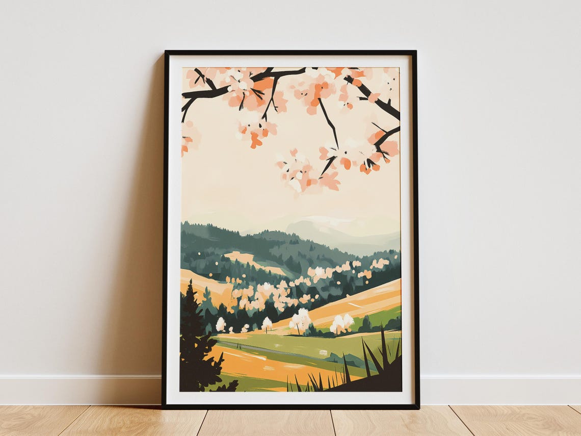 Pink Cherry Blossom Hills Rolling Golden Fields Pine Forest Art Poster