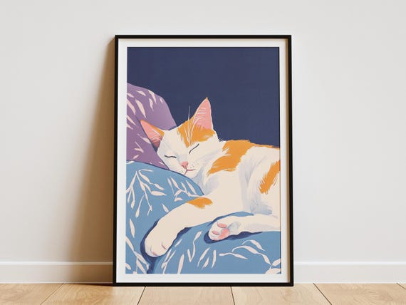 Matisse Style Turkish Van Cat Sleeping Art Print Cozy Feline Abstract Wall Decor Modern Pet Lover Gift Home Bedroom Artwork Dorm Poster