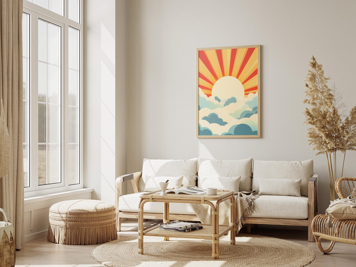Retro Sunburst Sunrise Rising Over Layered Blue Clouds Poster - Image 4