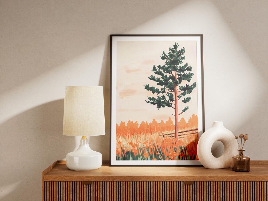 Lone Pine Tree In Orange Wildflower Field At Golden Hour Poster - Image 5
