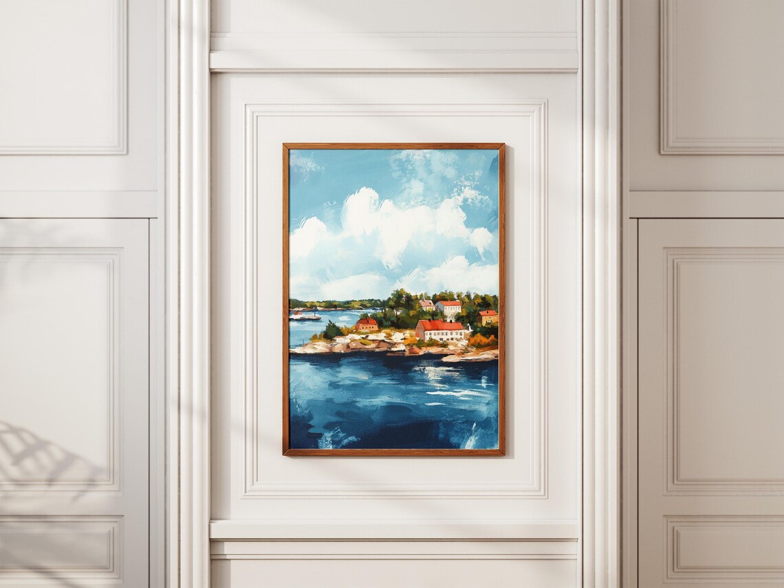 Coastal Village With Red Roofs On Rocky Shoreline Scenic Poster - Image 2