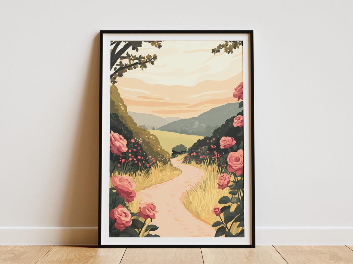 Pink Rose Path Sunset Blooming Garden Trail Valley View Poster