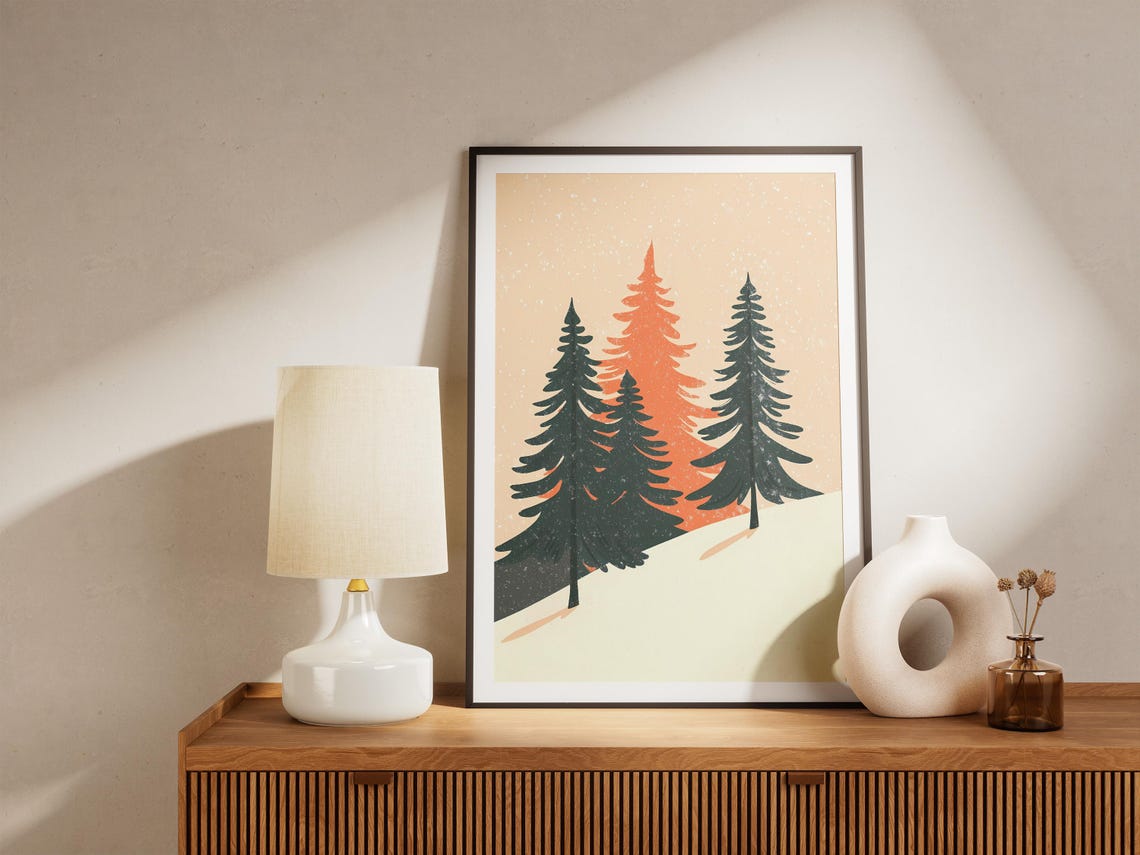 Minimalist Green and Orange Pine Trees on Snow Holiday Poster - Image 5