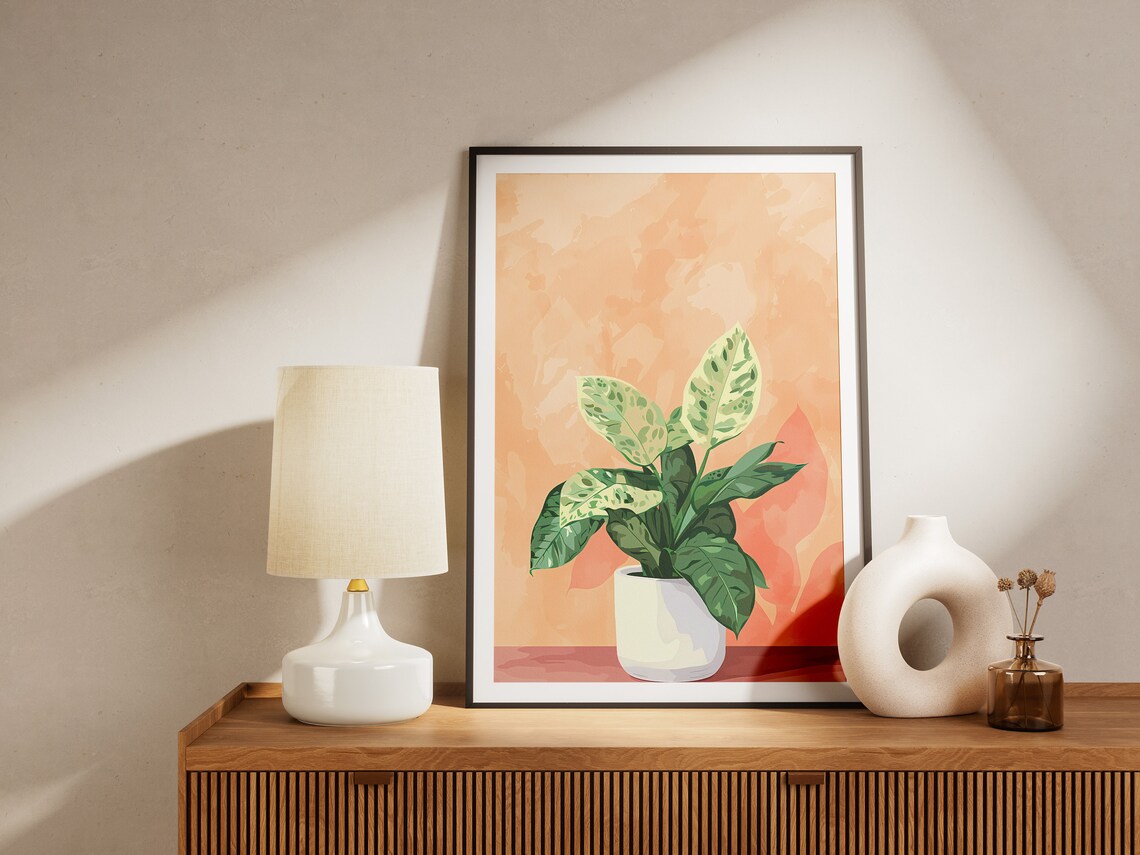 Dieffenbachia Dumb Cane Potted Houseplant Peach Botanical Poster - Image 2