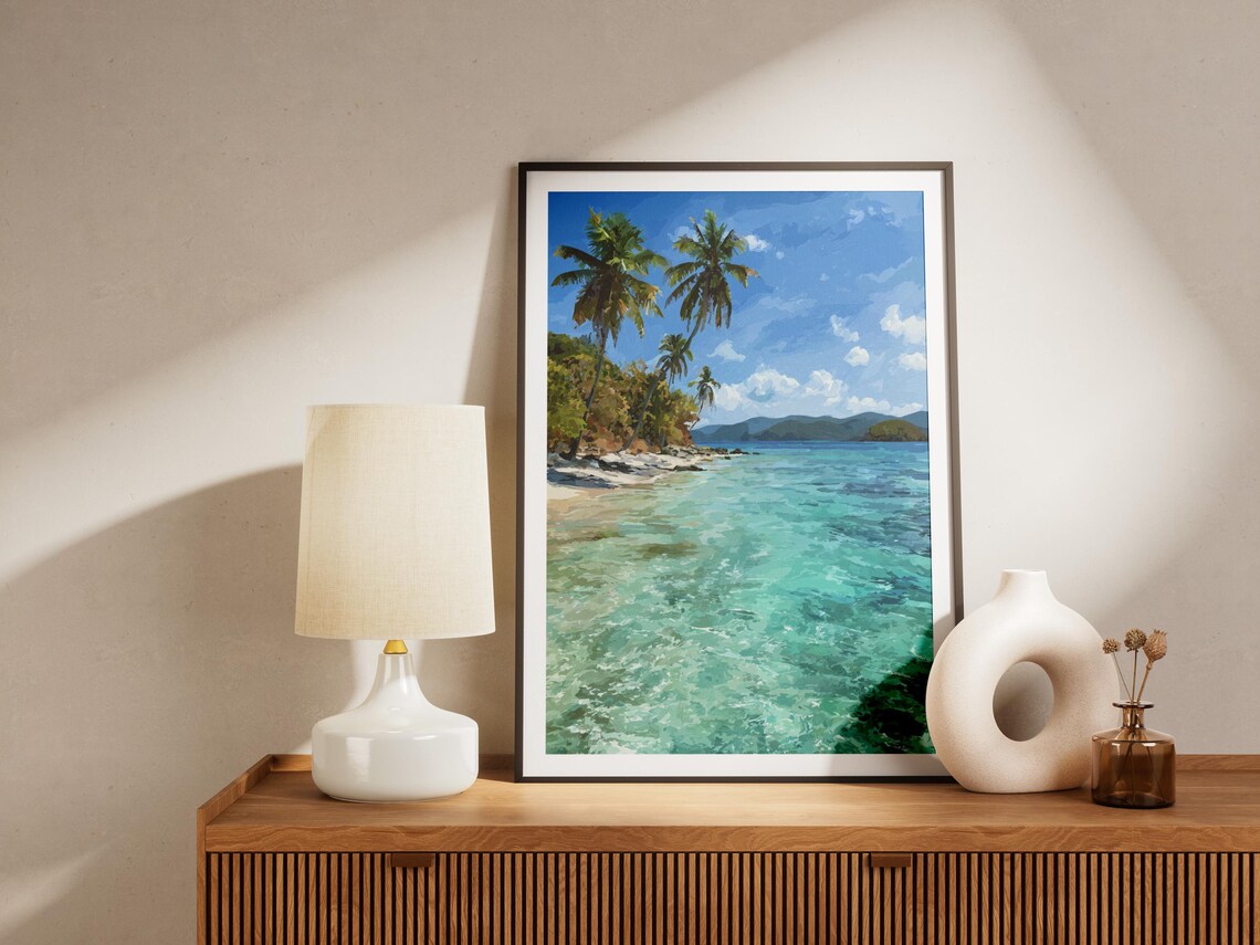Tropical Turquoise Beach Palm Trees Vintage Style Island Art Poster - Image 4