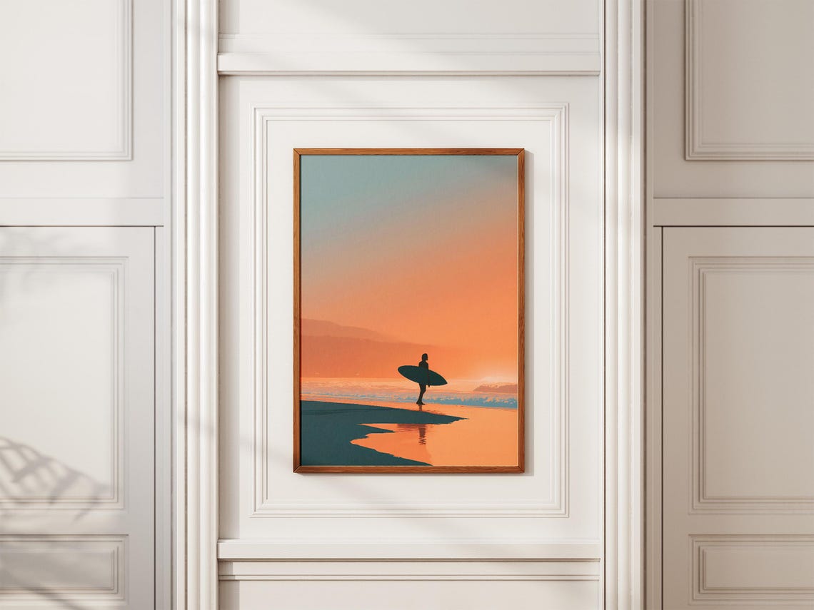 Surfer Silhouette Walking At Sunset On A Peaceful Beach Poster - Image 2