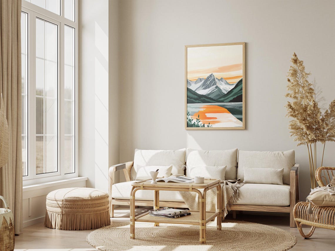 Alpine Lake With Orange Sunset Reflection Snowy Peaks Poster - Image 4