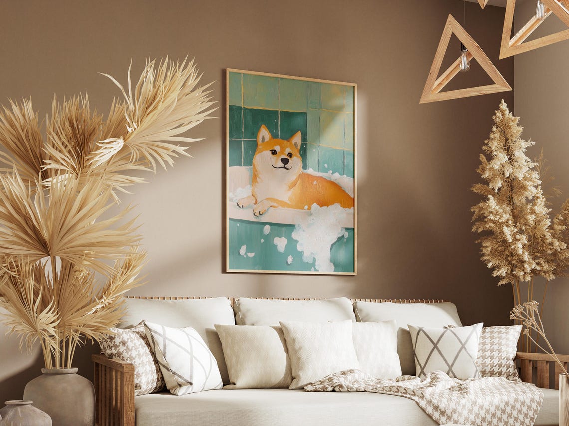 Happy Shiba Inu Bubble Bath Sage Green Tile Painterly Dog Poster - Image 3