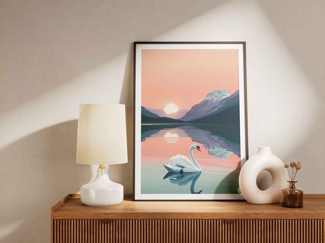 White Swan Mountain Lake Sunset Peach Minimalist Nature Poster - Image 2