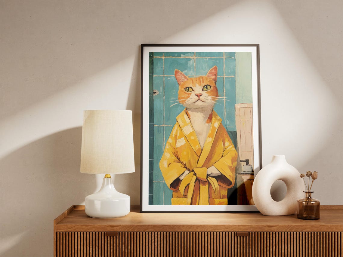 Confident Orange Tabby Cat Modeling a Sunny Yellow Bathrobe Poster - Image 5
