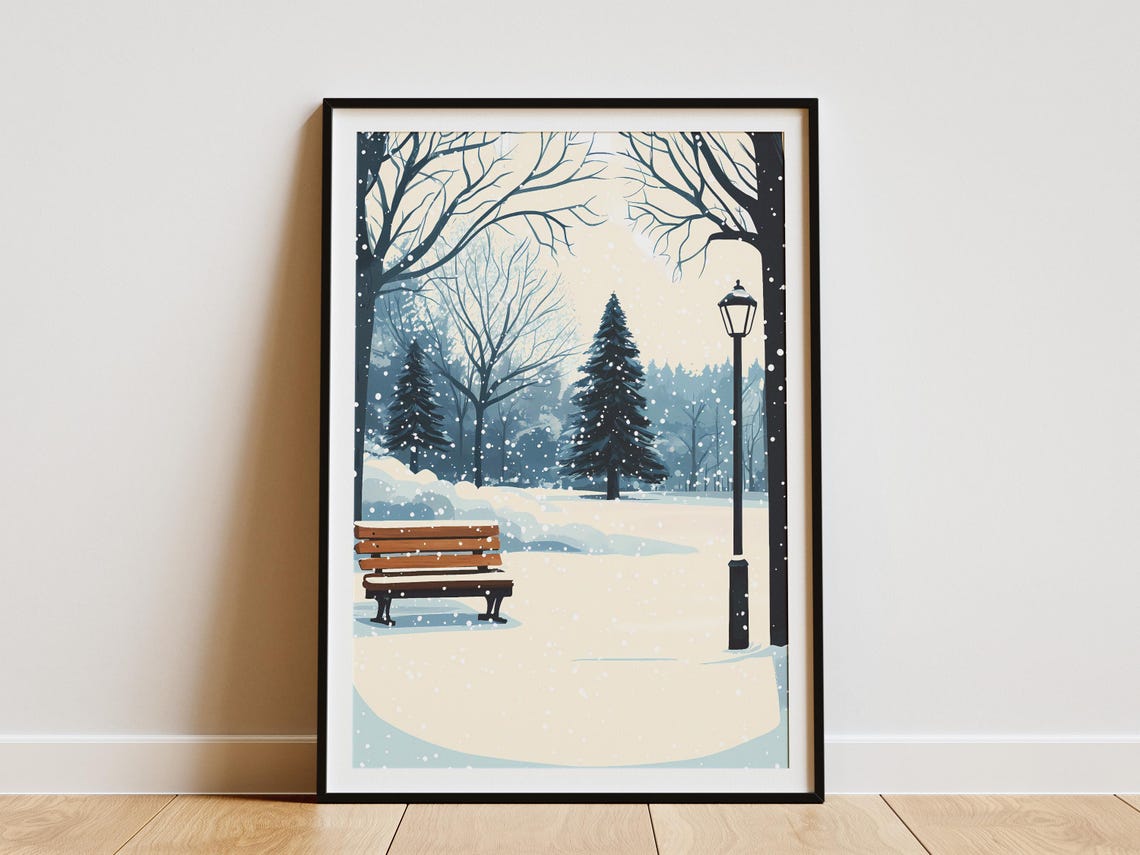 Snowy Park Bench Under a Vintage Lamp Post in Falling Snow Poster