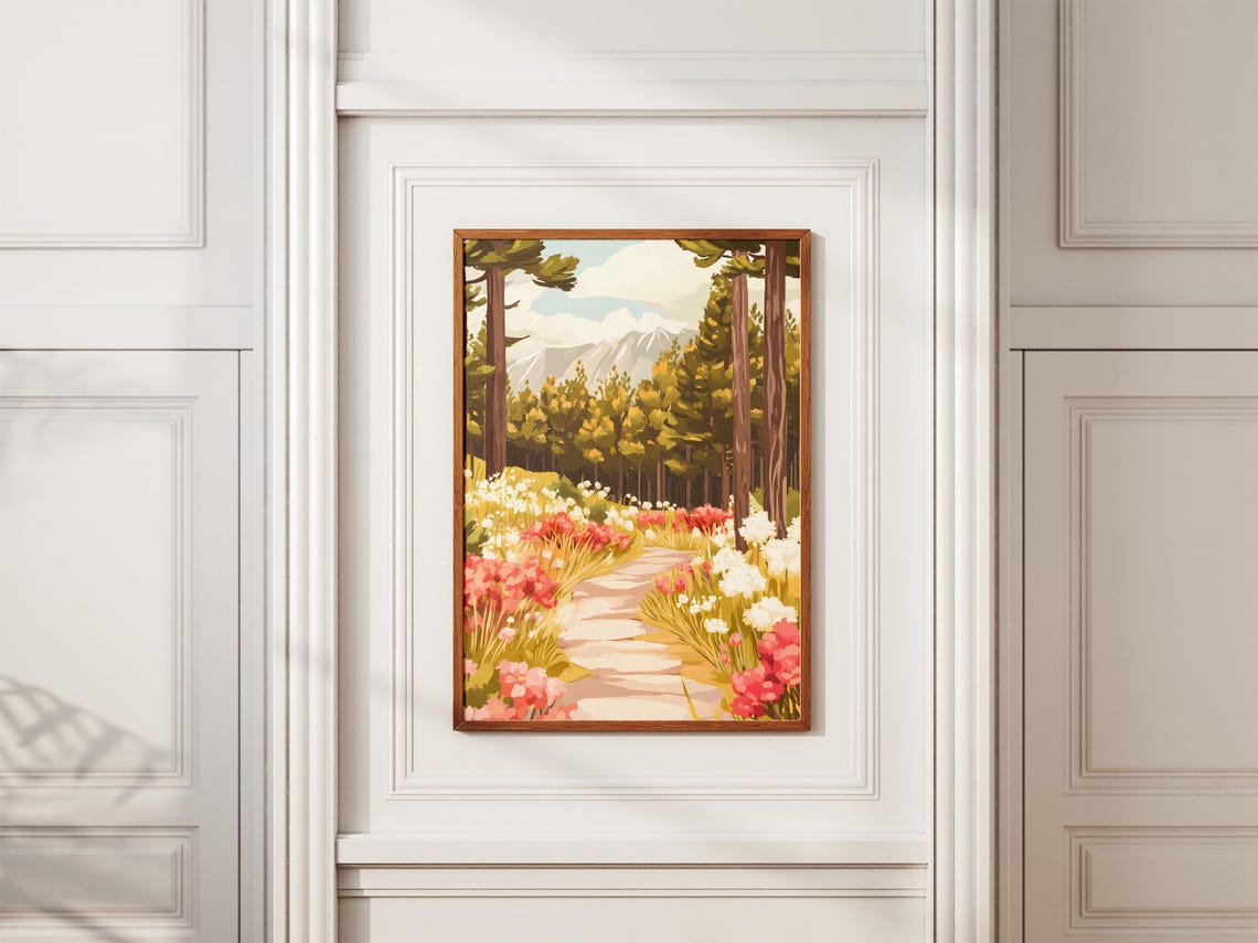 Pink Wildflower Forest Trail Between Tall Green Pine Trees Poster - Image 2