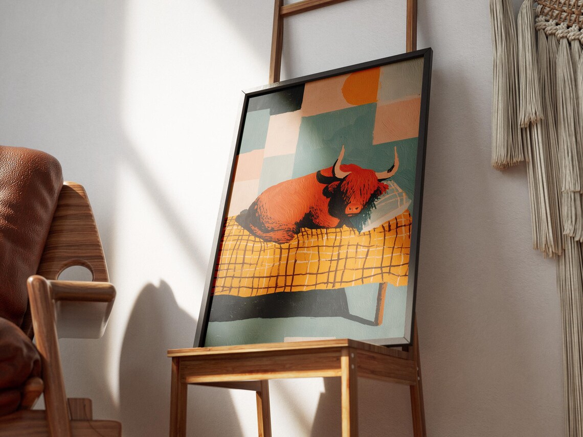 Highland Cow Resting on a Checkered Bed With Geometric Pastel Art Poster - Image 3