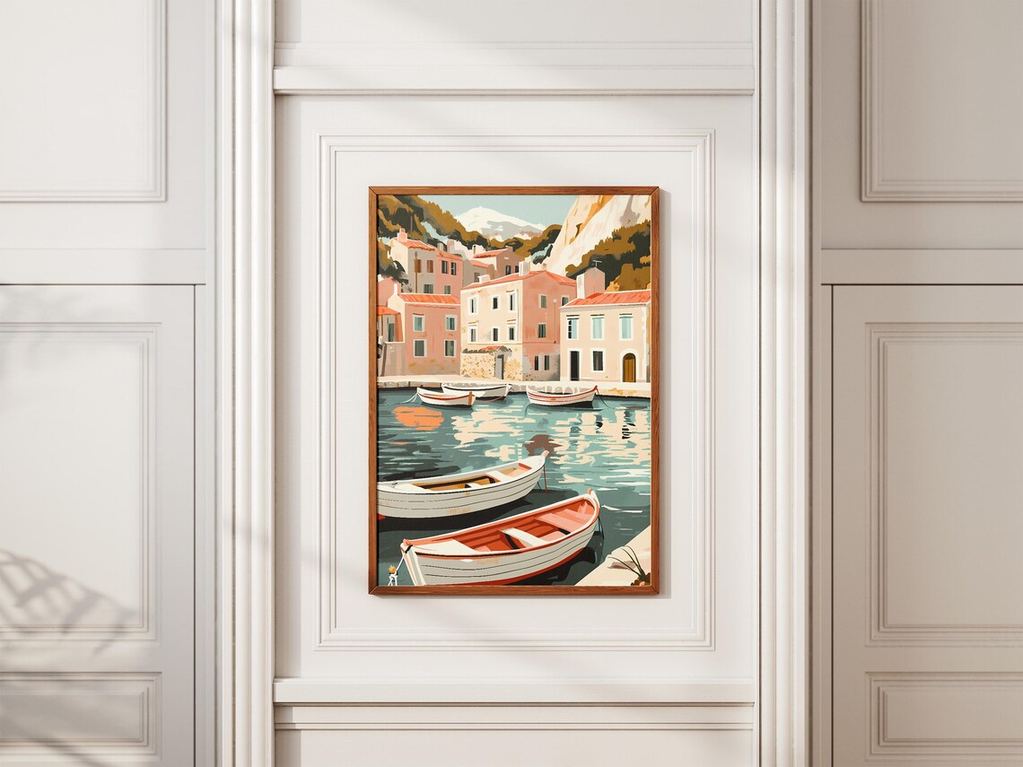 Mediterranean Harbor Village With Moored White Rowboats Poster - Image 2