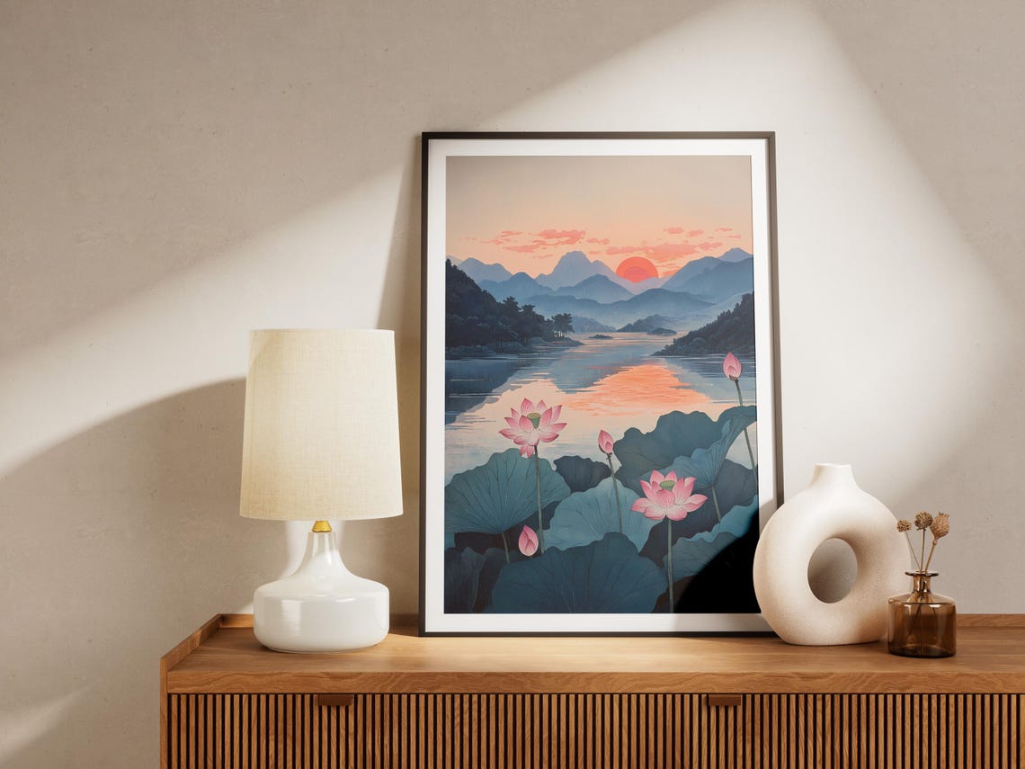 Serene Sunset Lotus Pond Over Japanese Mountains Landscape Poster - Image 4