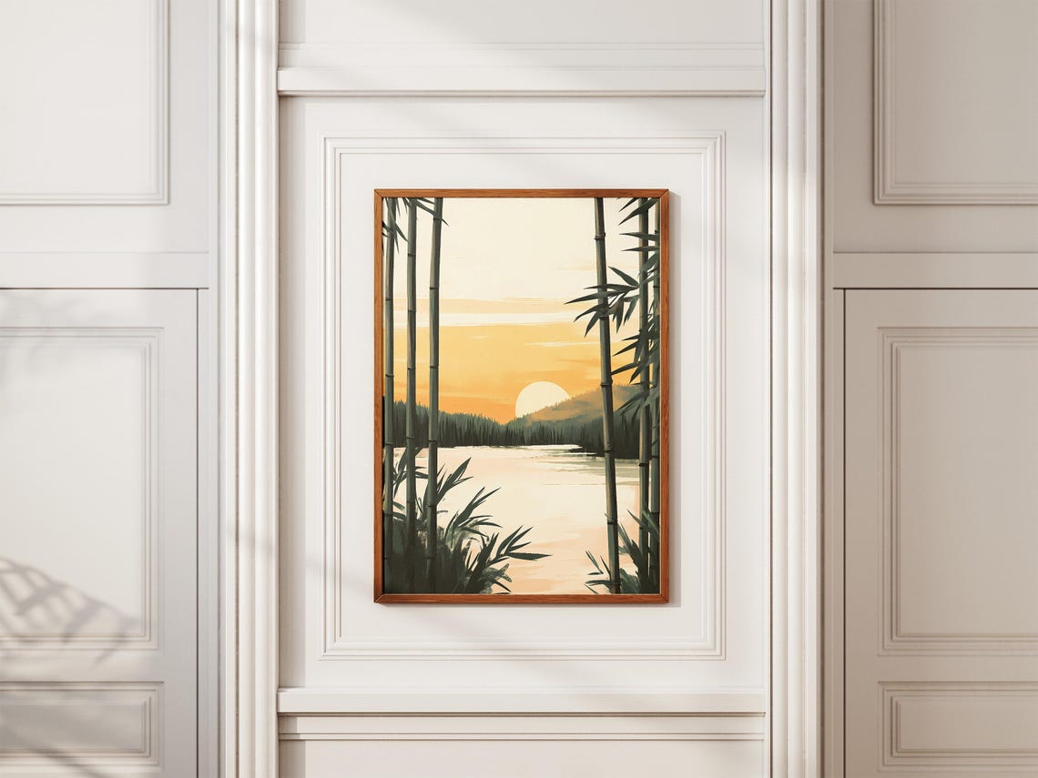 Bamboo Forest Sunrise Glowing Over a Still Golden Lake Poster - Image 2