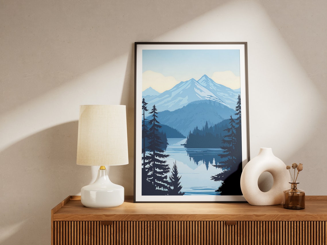 Snowy Mountain Peaks Rising Over Still Lake and Pine Forest Poster - Image 2