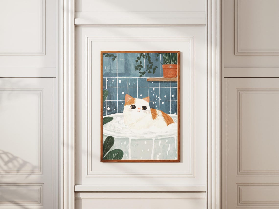 Sweet Orange White Cat Bubble Bath Botanical Bathroom Poster - Image 2