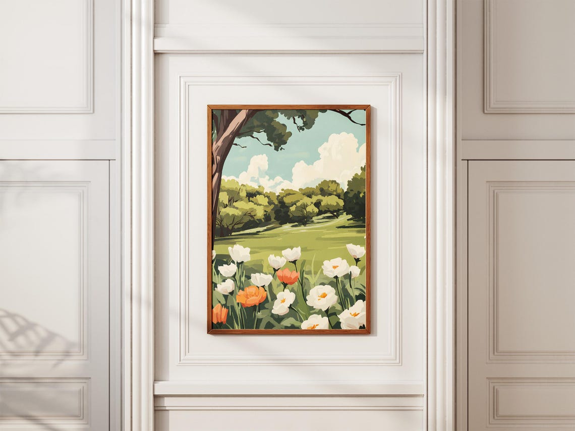 Sunny Forest Meadow With White And Orange Tulips Under Tree Poster - Image 2