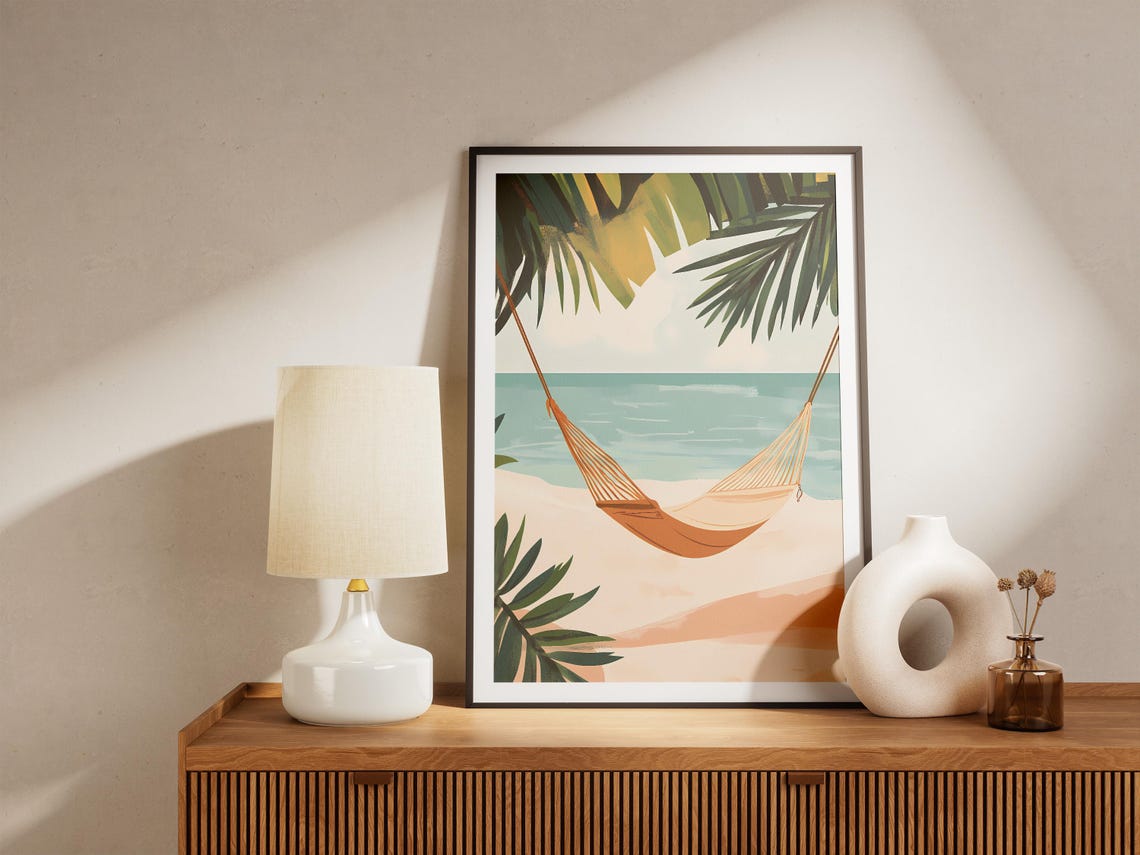 Orange Hammock on Tropical Beach Palm Fronds Ocean View Poster - Image 5