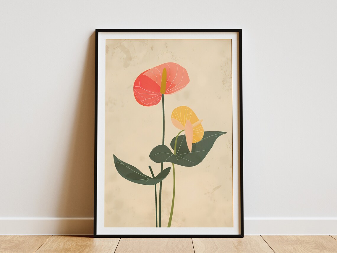 Minimalist Anthurium Coral Yellow Flower Botanical Illustration Print