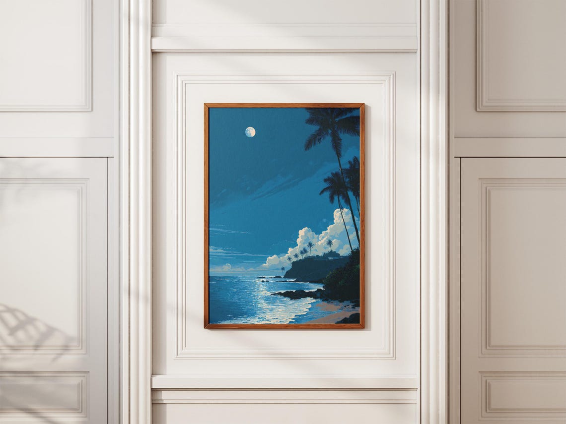 Moonlit Tropical Beach Night Palm Trees Ocean Waves Serene Poster - Image 2