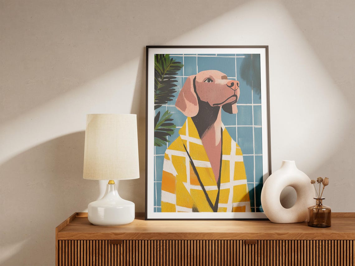 Weimaraner Dog Wearing Yellow Plaid Bathrobe Blue Tile Poster - Image 5