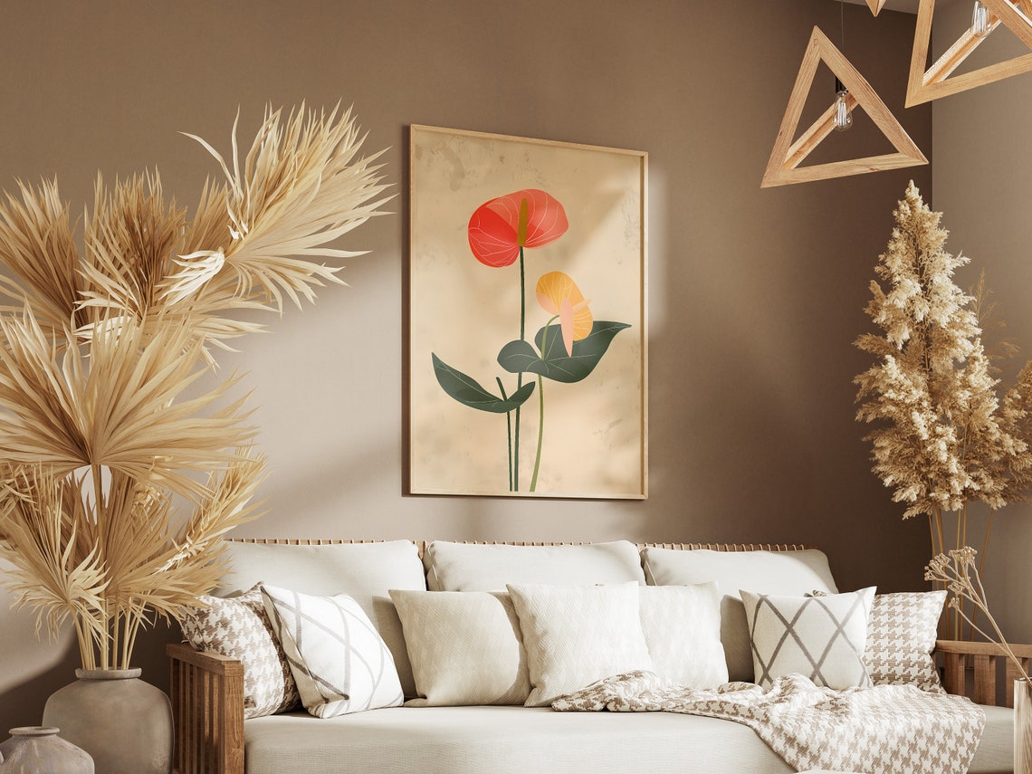 Minimalist Anthurium Coral Yellow Flower Botanical Illustration Print - Image 3