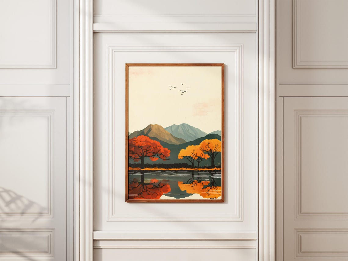 Autumn Trees Red Orange Reflection Still Lake Mountain Poster - Image 2
