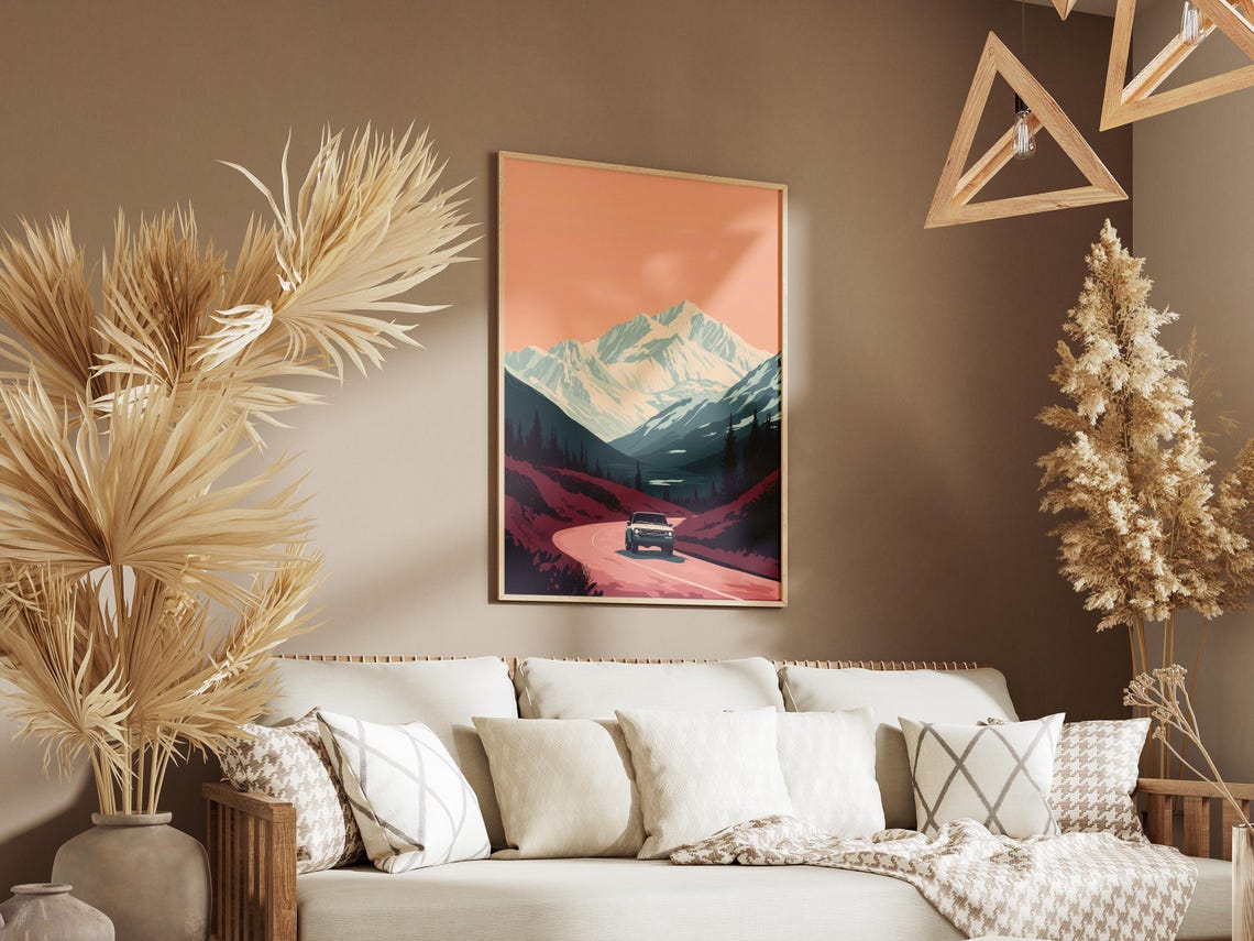 Alaska Mountain Road Trip Vintage Car Pink Sunset Art Poster - Image 3