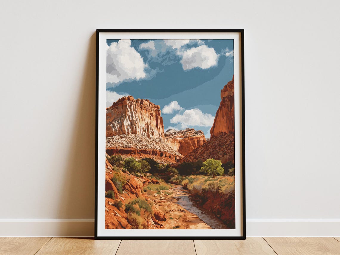 Capitol Reef Utah Red Rock Cliffs Desert Stream Travel Poster