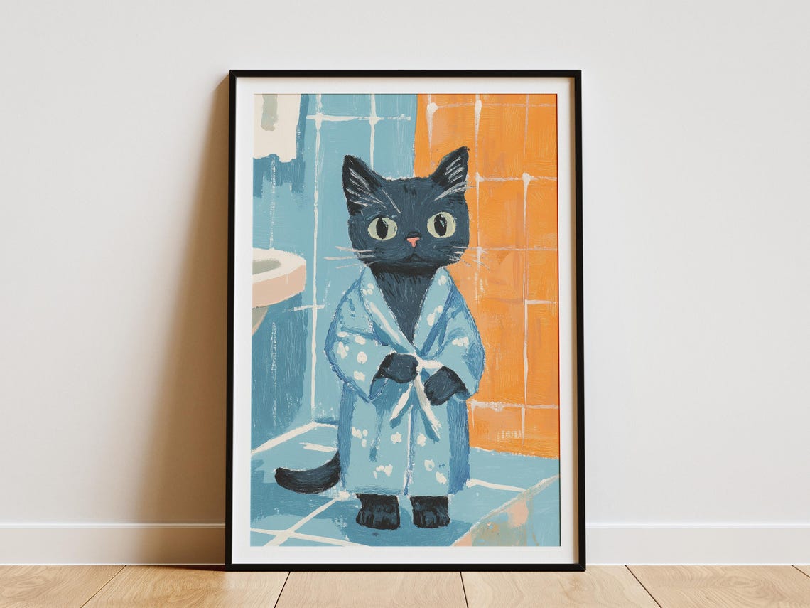 Russian Blue Kitten in Powder Blue Robe Sweet Cat Art Poster