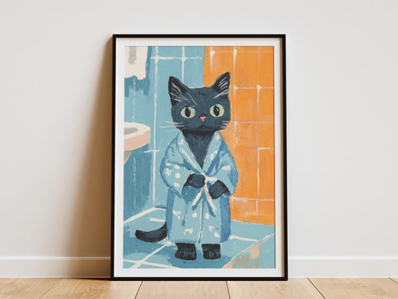 Russian Blue Cat Kitten Poster Print Cute Animal Illustration Bathroom Decor Nursery Art Funny In Bathrobe Pet Lover Gift