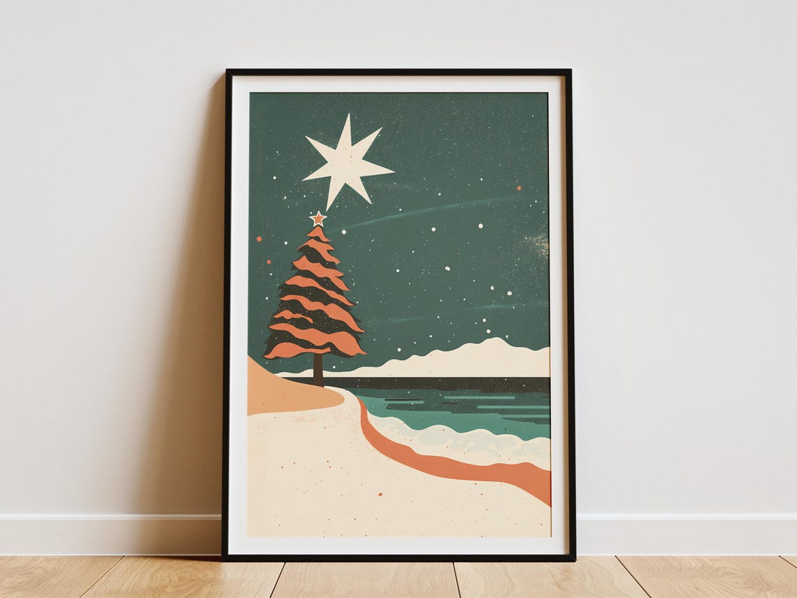 Christmas Tree On Sandy Beach Holiday Night Stars Ocean Poster