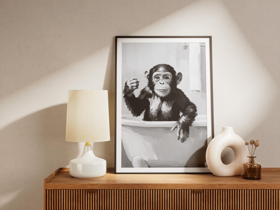 Chimpanzee In A Bathtub Black And White Chic Bathroom Art Poster - Image 4